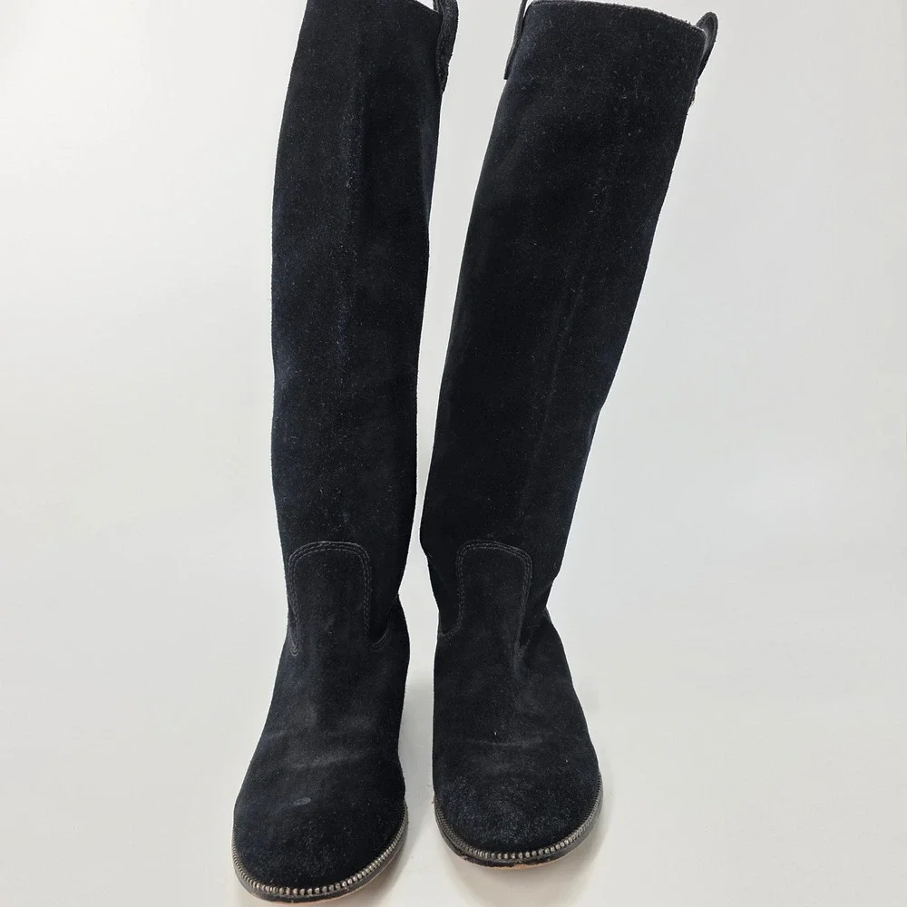 Michael Kors Knee Boots Bayview Black Suede Leather Riding Zipper Trim Pull On 8